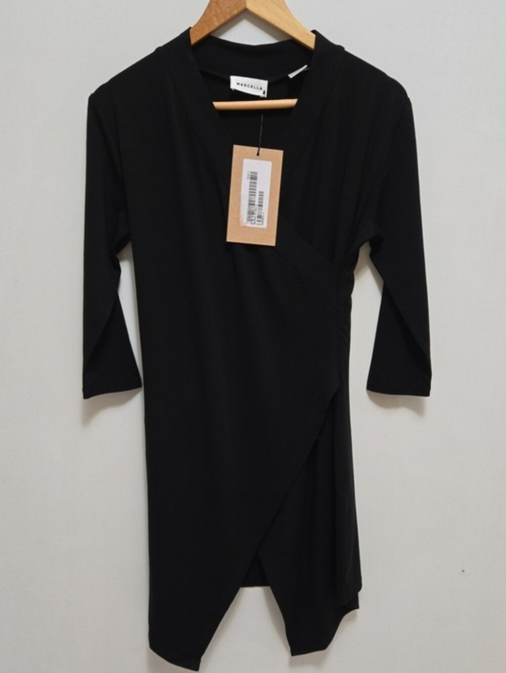 Marcella NYC Morgan Tunic Top Black L Elbow Length Sleeve Faux Wrap Asymmetric